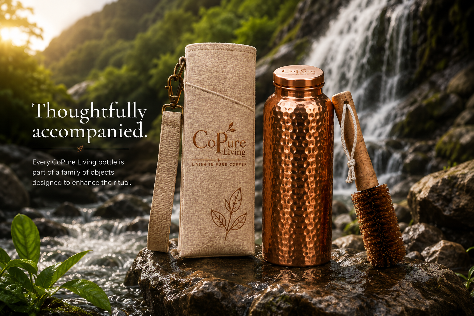 CoPure Living bottle, carry bag and cleaning brush beside a waterfall