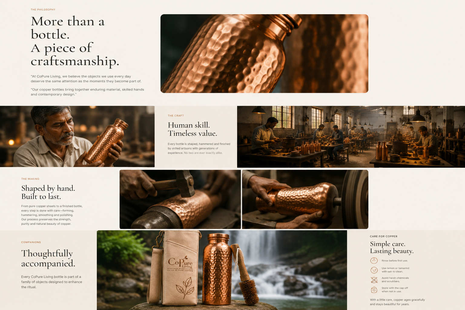 CoPure Living visual story of copper, craftsmanship, accessories and care